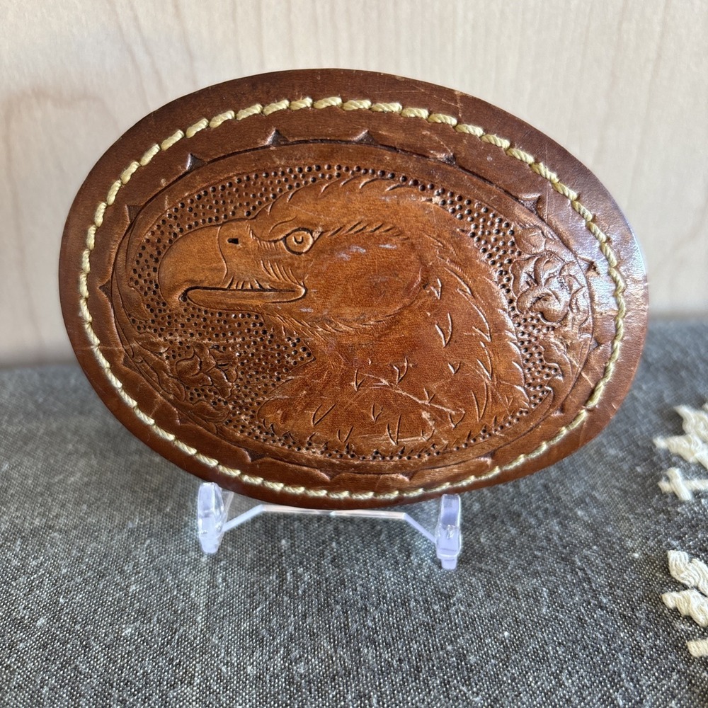 VINTAGE  1970s‎ *BALD EAGLE* HAND TOOLED LEATHER Belt Buckle GUC USA